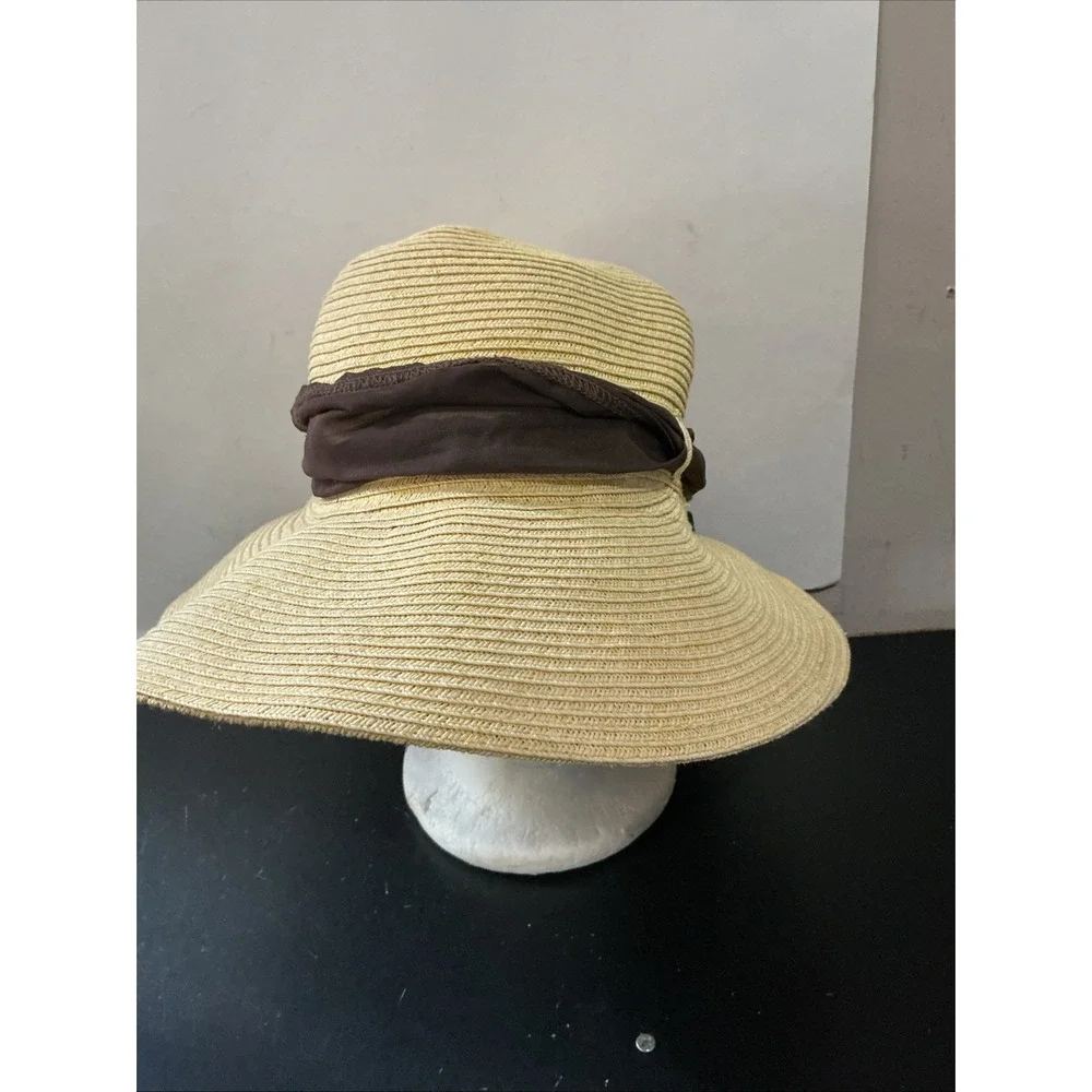 Coolibar Womens Packable Straw Sun Hat Brown Ribbon Bow Wide Brim Beige One Size